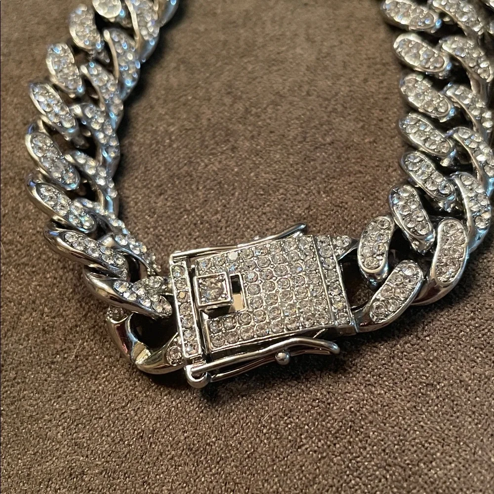 Men’s Hip-Hop Necklace and Bracelet Iced Cuban Link in Silvertone w/Rhinestone